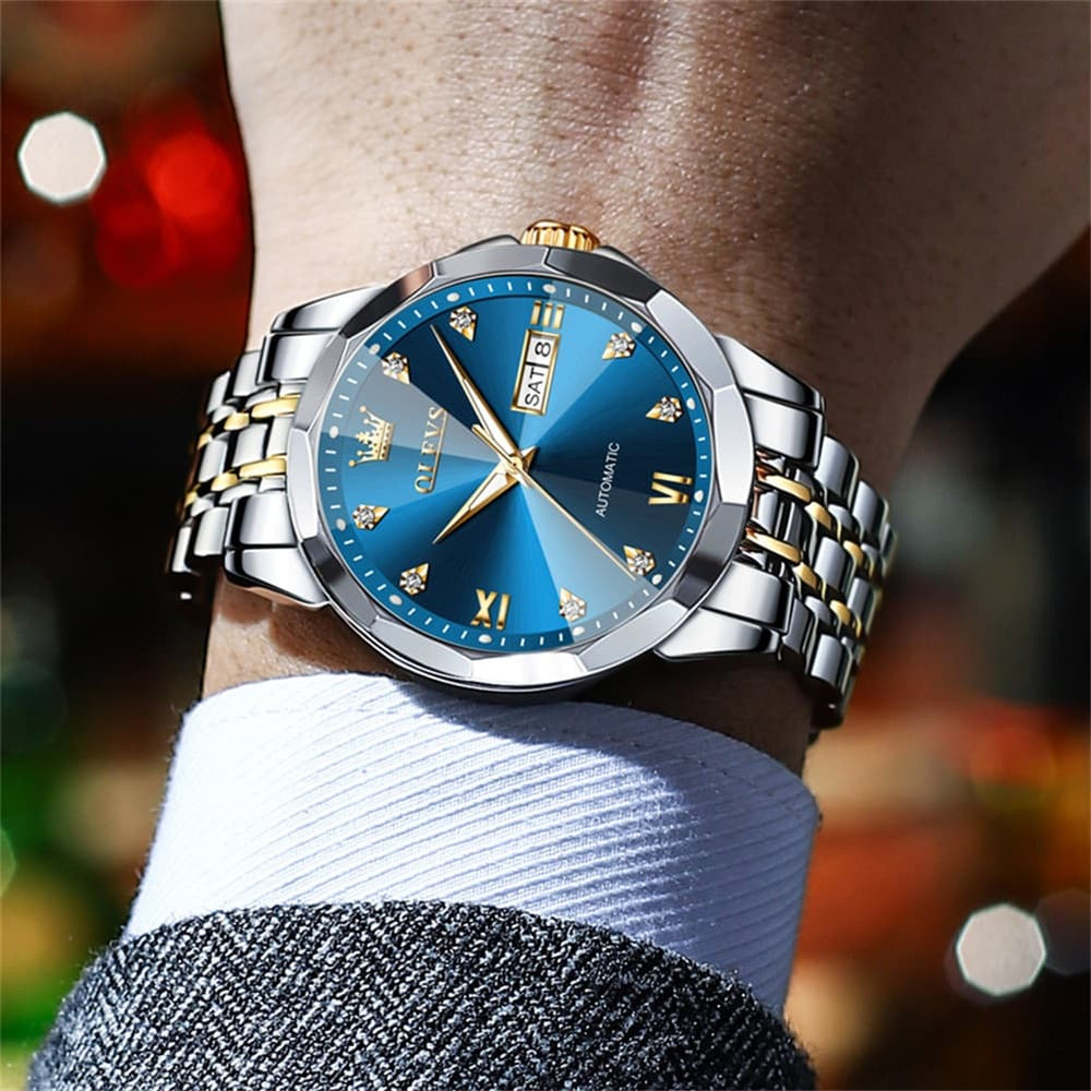 OLEVS 3D Diamond Cut Mirror Automatic Mechanical Watch 9982 Day Date for Men - All Gold Watch | Olevs Watch Store