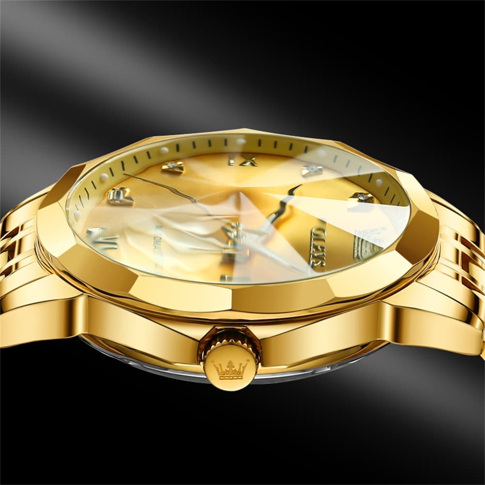 OLEVS 3D Diamond Cut Mirror Automatic Mechanical Watch 9982 Day Date for Men - All Gold Watch | Olevs Watch Store