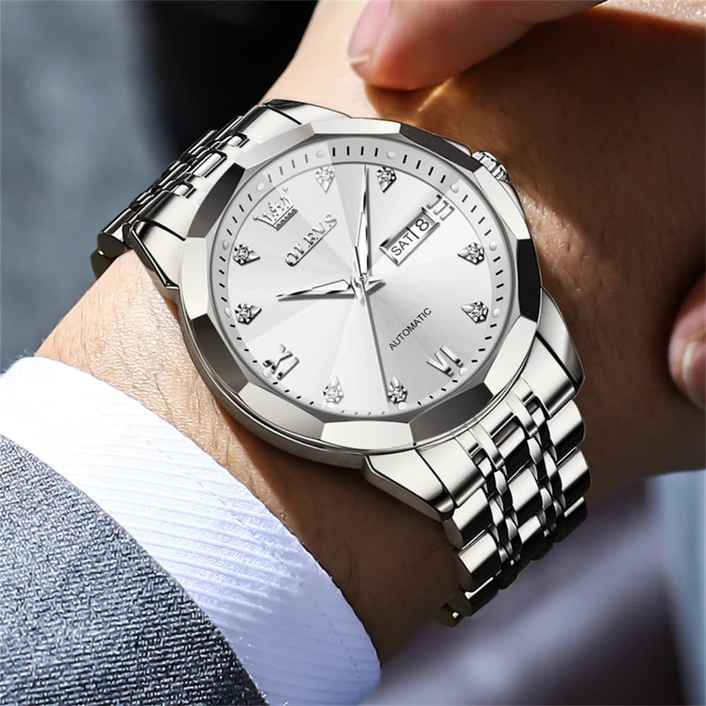 OLEVS 3D Diamond Cut Mirror Automatic Mechanical Watch 9982 Day Date for Men - All Gold Watch | Olevs Watch Store