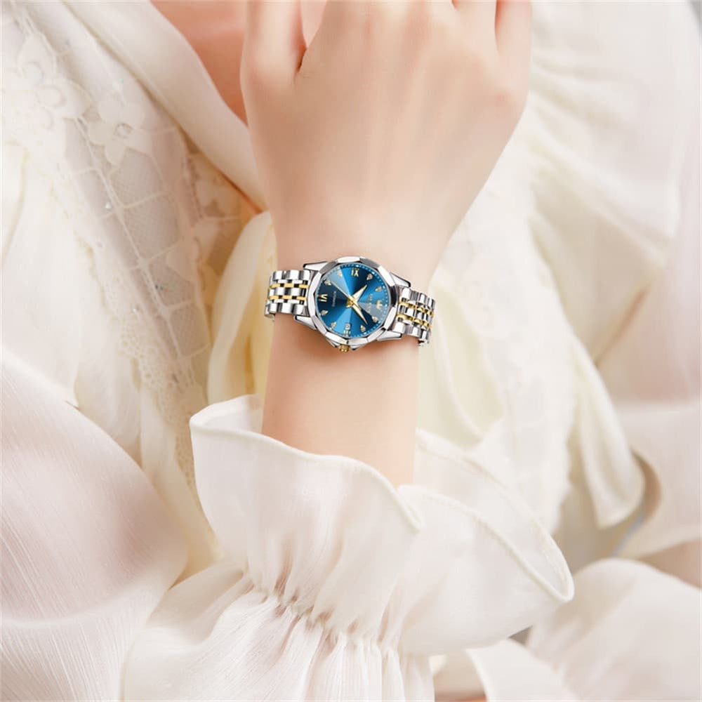 OLEVS 3D Diamond Cut Mirror Automatic Mechanical Watch 9982 for Women - All Black Watch | Olevs Watch Store
