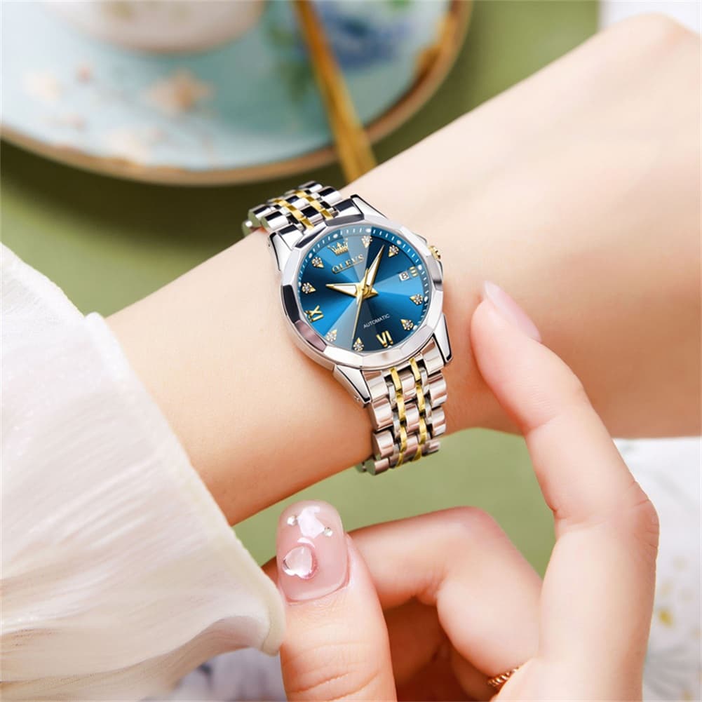 OLEVS 3D Diamond Cut Mirror Automatic Mechanical Watch 9982 for Women - All Black Watch | Olevs Watch Store