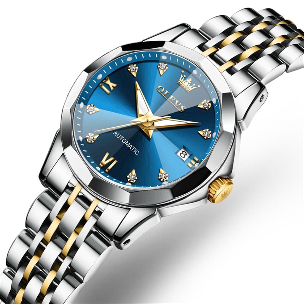OLEVS 3D Diamond Cut Mirror Automatic Mechanical Watch 9982 for Women - All Black Watch | Olevs Watch Store