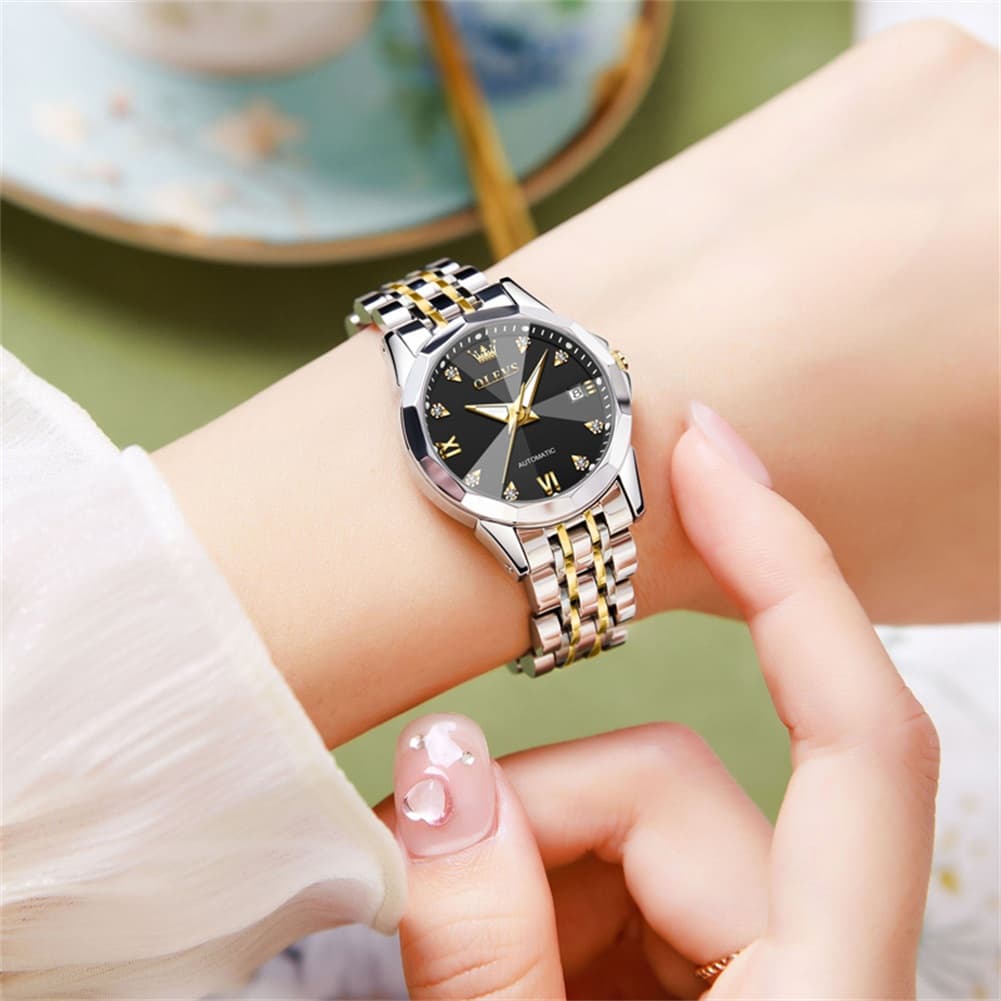 OLEVS 3D Diamond Cut Mirror Automatic Mechanical Watch 9982 for Women - All Black Watch | Olevs Watch Store