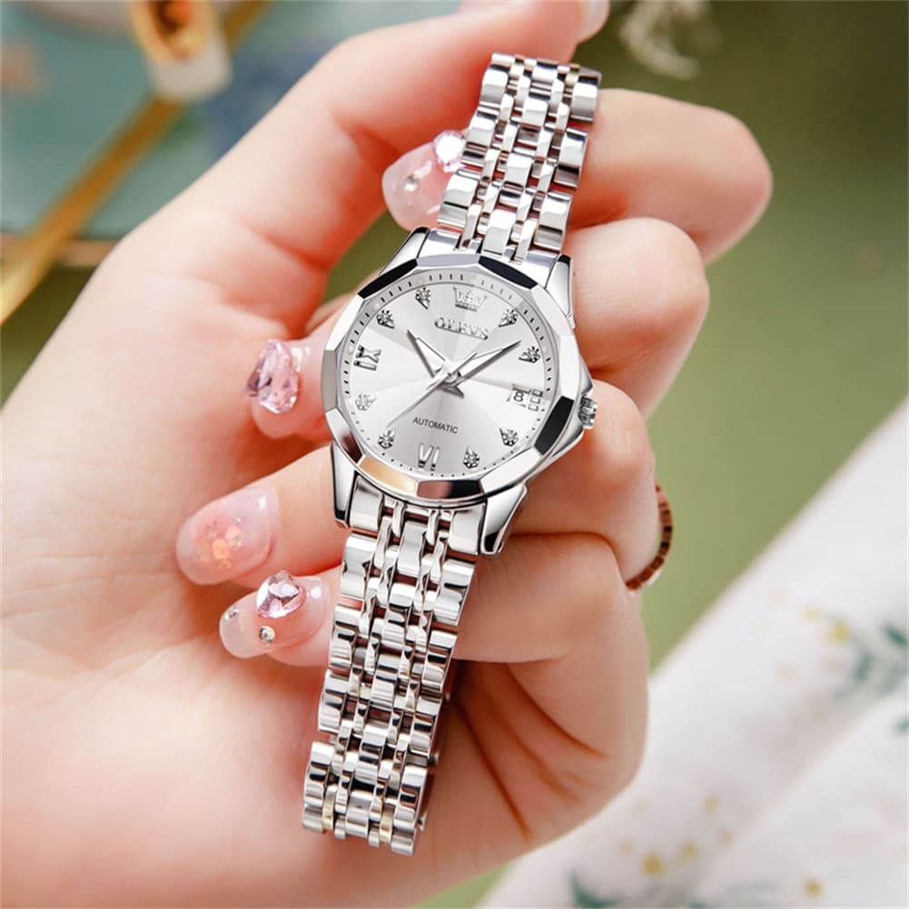 OLEVS 3D Diamond Cut Mirror Automatic Mechanical Watch 9982 for Women - All Black Watch | Olevs Watch Store
