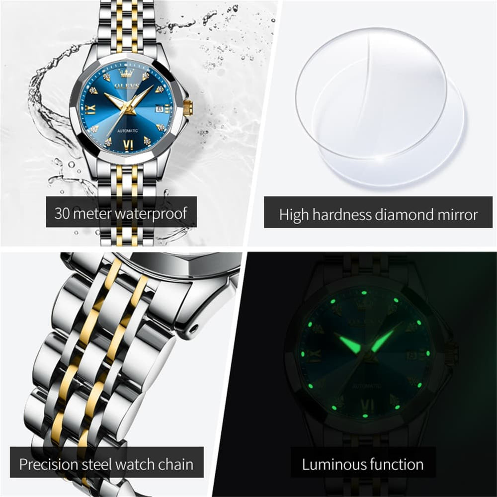 OLEVS 3D Diamond Cut Mirror Automatic Mechanical Watch 9982 for Women - All Black Watch | Olevs Watch Store
