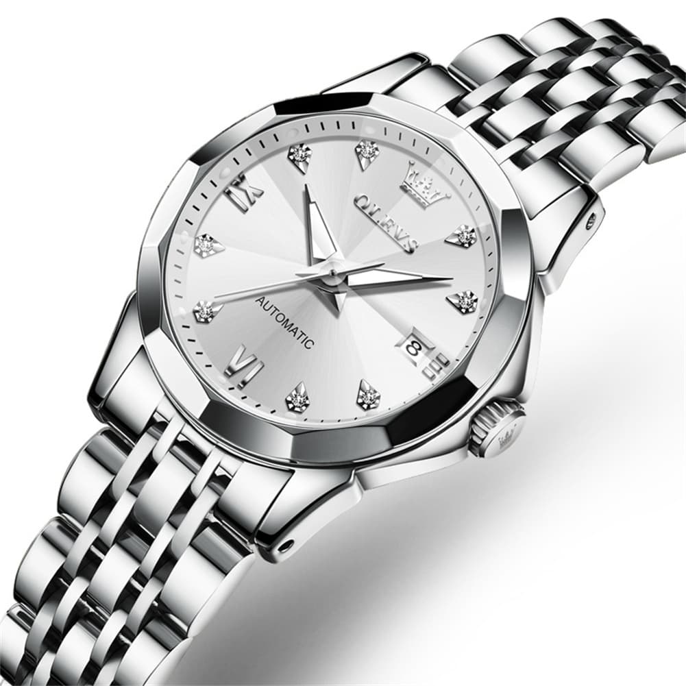 OLEVS 3D Diamond Cut Mirror Automatic Mechanical Watch 9982 for Women - All Black Watch | Olevs Watch Store
