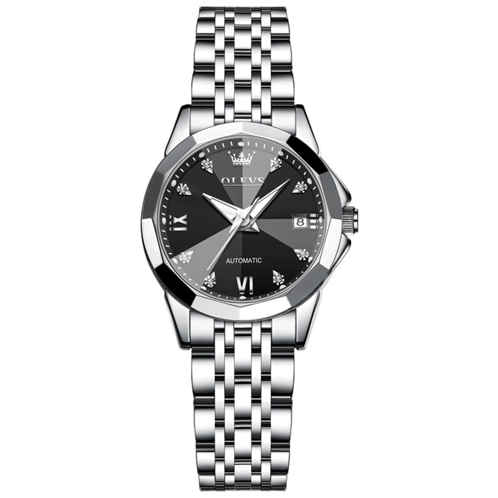 OLEVS 3D Diamond Cut Mirror Automatic Mechanical Watch 9982 for Women - All Black Watch | Olevs Watch Store