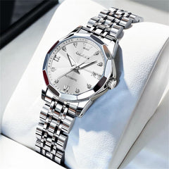 OLEVS 3D Diamond Cut Mirror Automatic Mechanical Watch 9982 for Women - Silver White Watch | Olevs Watch Store