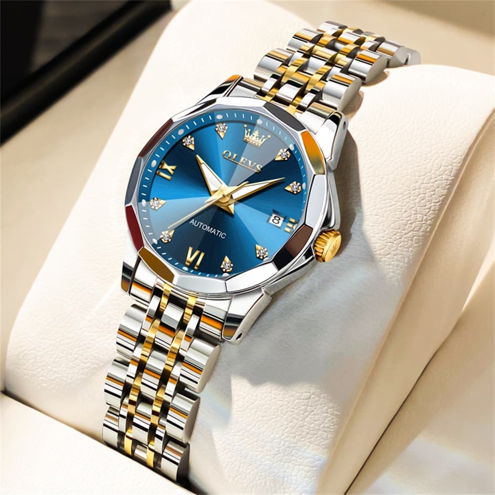 OLEVS 3D Diamond Cut Mirror Automatic Mechanical Watch 9982 for Women - Two Tone Blue Watch | Olevs Watch Store