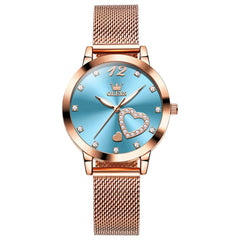 OLEVS 5189 Heart Motif Milanese Mesh Quartz Watch for Women - Mesh Blue Watch | Olevs Watch Store
