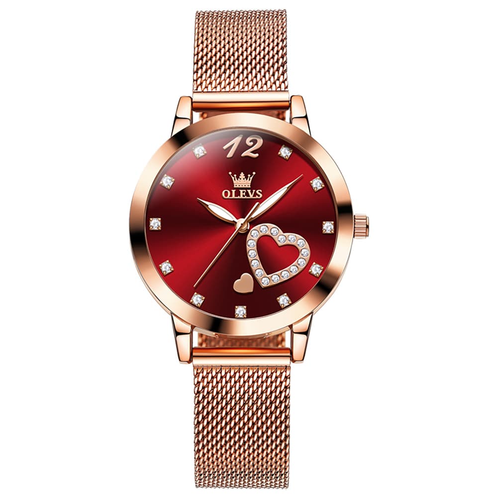 OLEVS 5189 Heart Motif Milanese Mesh Quartz Watch for Women - Mesh Red Watch | Olevs Watch Store