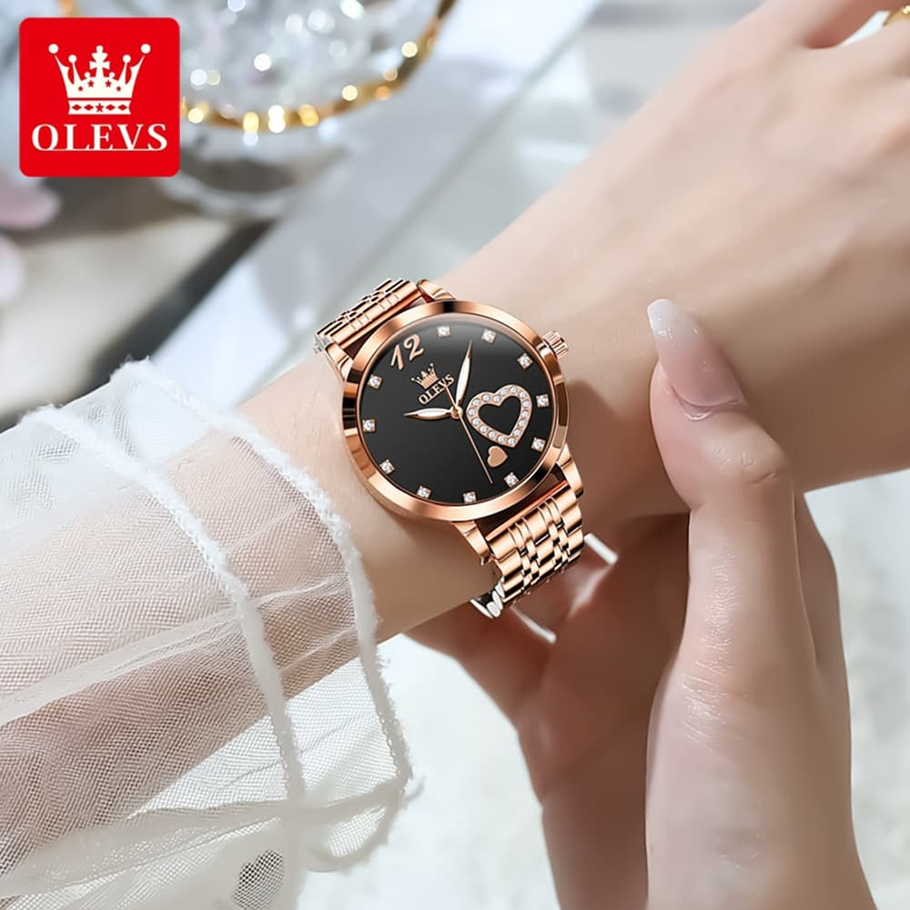 OLEVS 5189 Heart Motif Milanese Mesh Quartz Watch for Women - Steel Rose Gold Watch | Olevs Watch Store