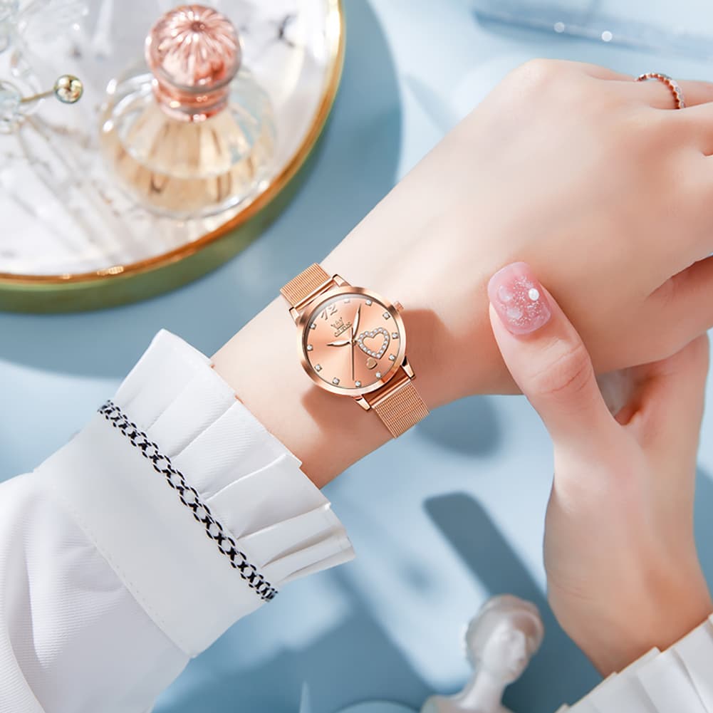 OLEVS 5189 Heart Motif Milanese Mesh Quartz Watch for Women - Steel Rose Gold Watch | Olevs Watch Store