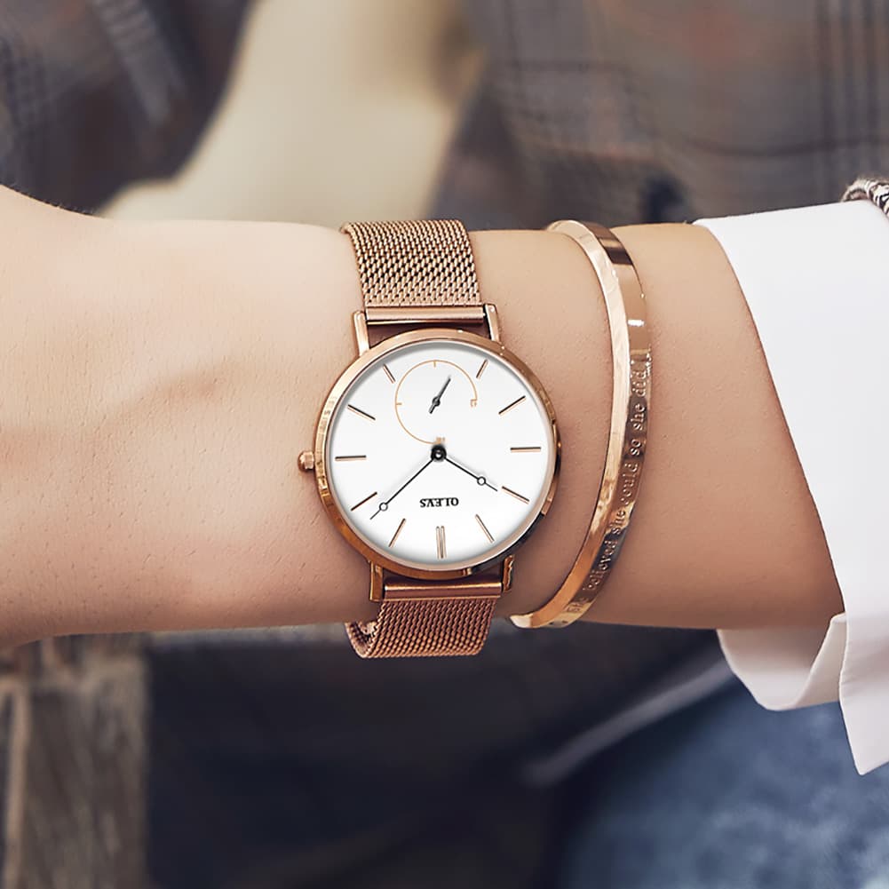 OLEVS 5190 Ultra Thin Sub Dial Quartz Watch for Women - Rose Gold White Watch | Olevs Watch Store