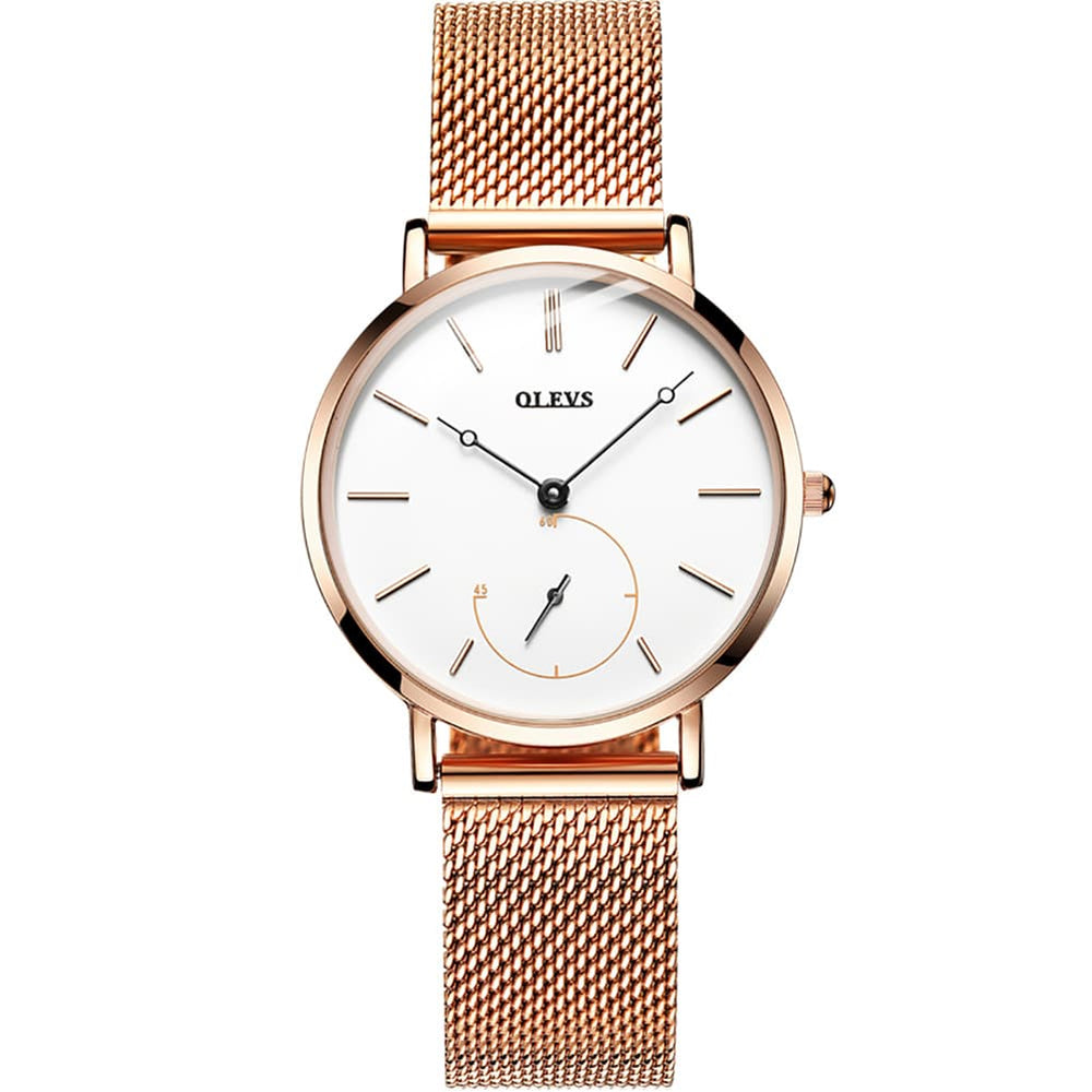 OLEVS 5190 Ultra Thin Sub Dial Quartz Watch for Women - Rose Gold White Watch | Olevs Watch Store