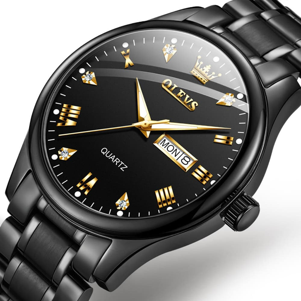OLEVS 5563 Luxury Diamond Dial Quartz Stainless Steel Day Date Watch for Men - All Black Watch | Olevs Watch Store