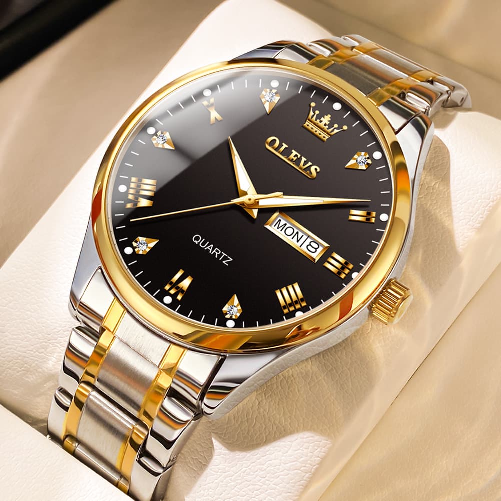 OLEVS 5563 Luxury Diamond Dial Quartz Stainless Steel Day Date Watch for Men - All Black Watch | Olevs Watch Store