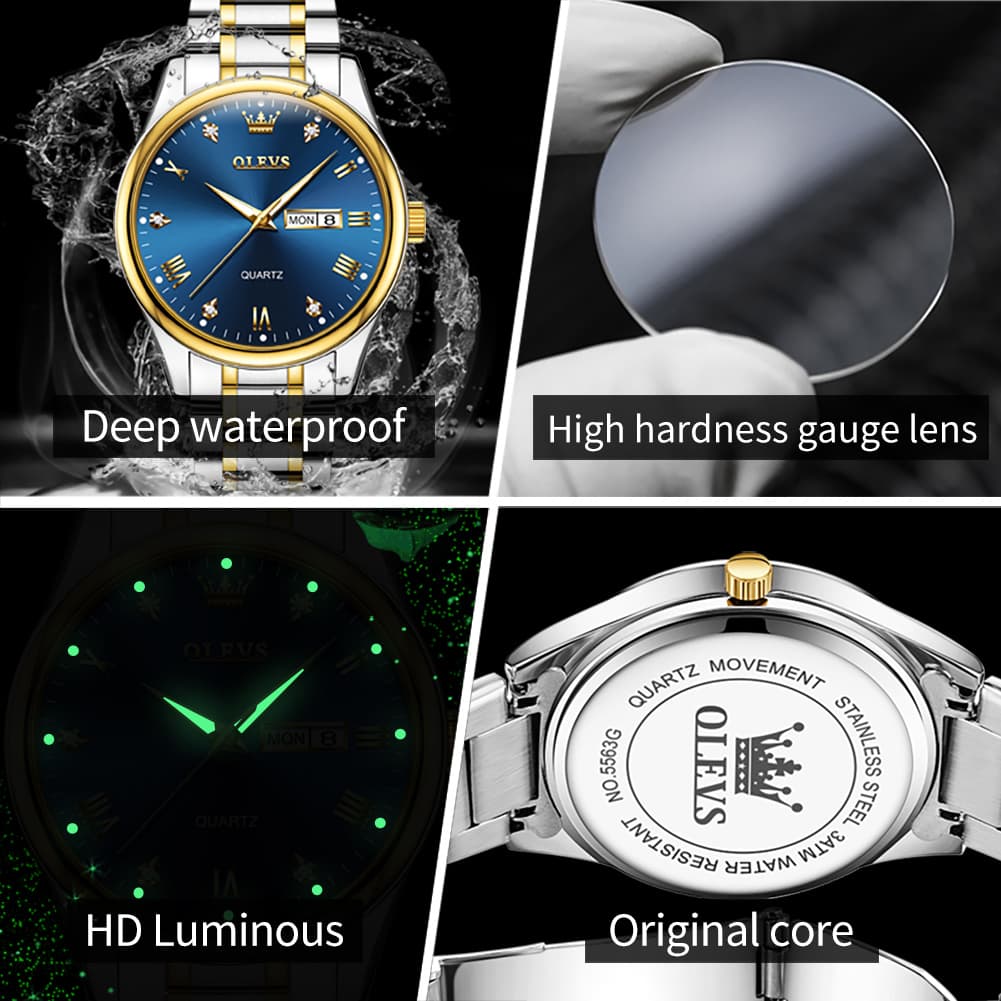 OLEVS 5563 Luxury Diamond Dial Quartz Stainless Steel Day Date Watch for Men - All Black Watch | Olevs Watch Store