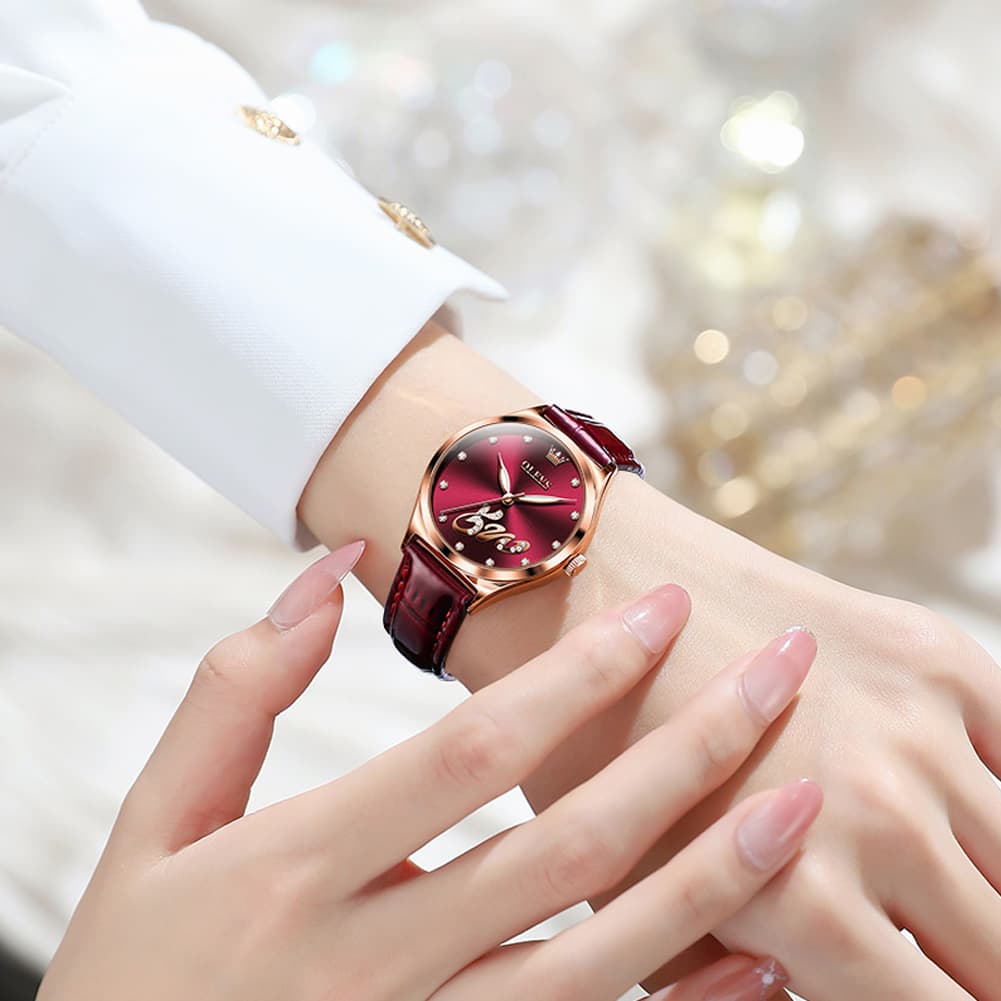 OLEVS 5581 Love Motif Diamond Watch Rose Gold Leather Strap Romantic Gift Timepiece for Women - Olevs Watch Store