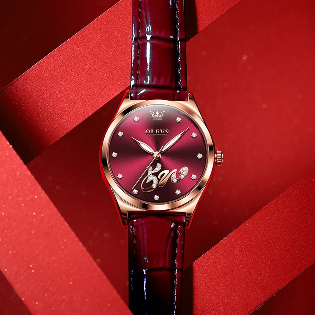 OLEVS 5581 Love Motif Diamond Watch Rose Gold Leather Strap Romantic Gift Timepiece for Women - Olevs Watch Store