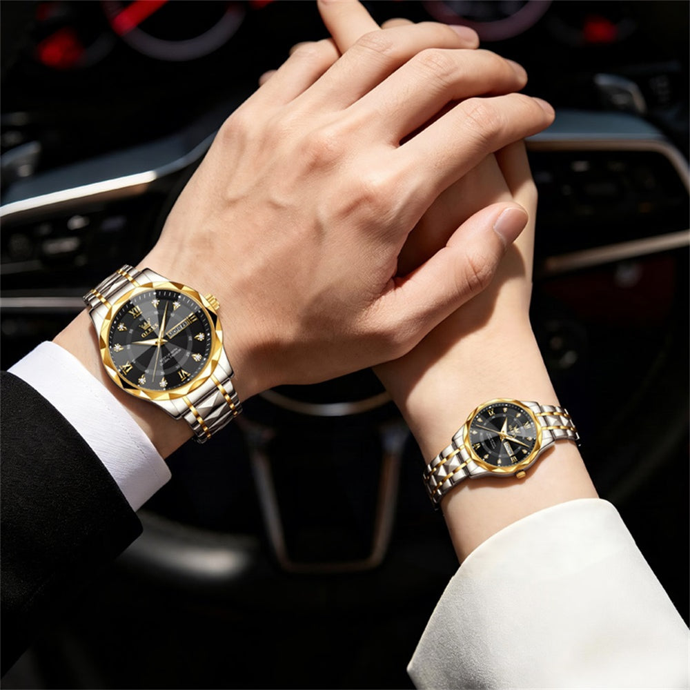 OLEVS 5609 gold silver black matching watches on wrists