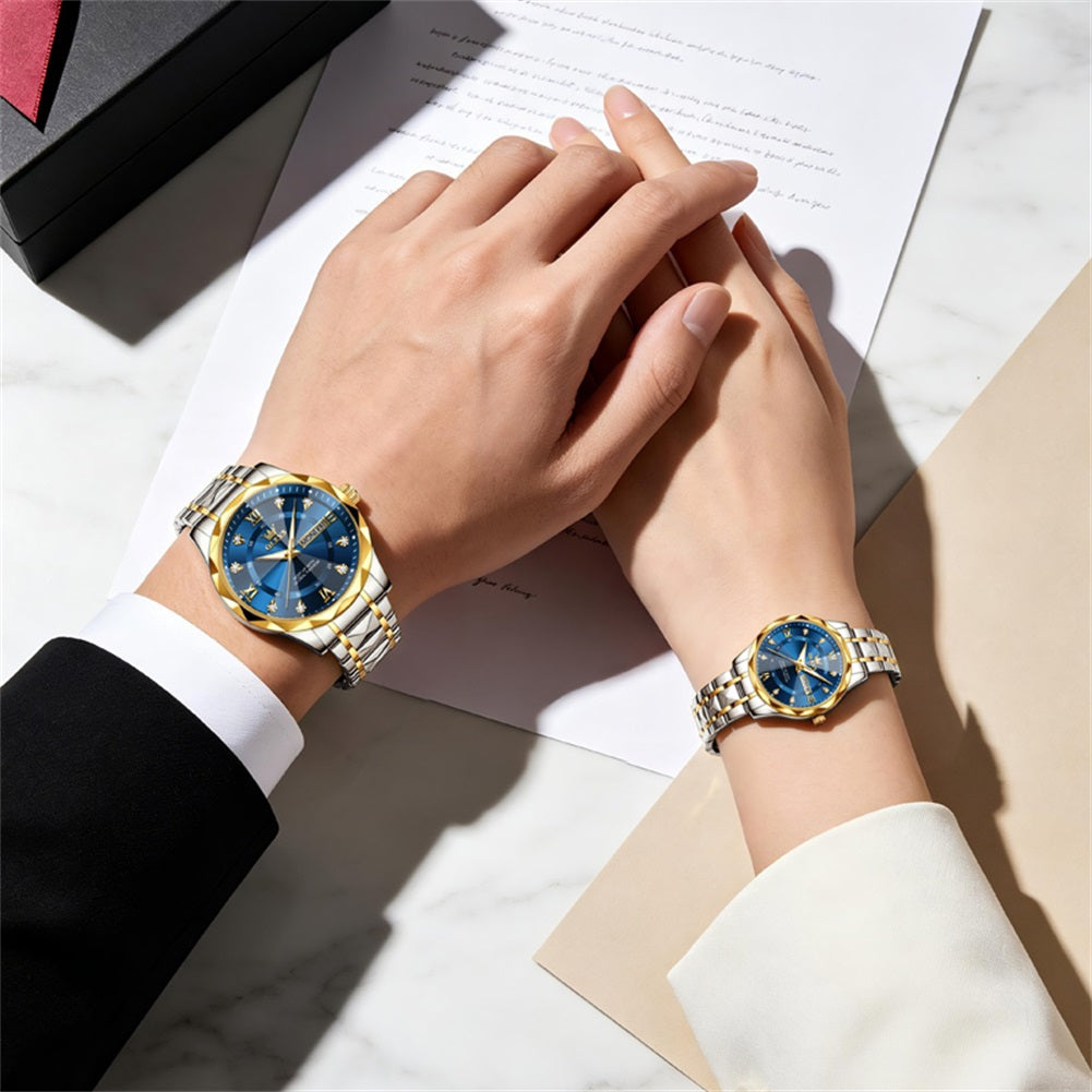 OLEVS 5609 matching blue dial watches worn by a couple