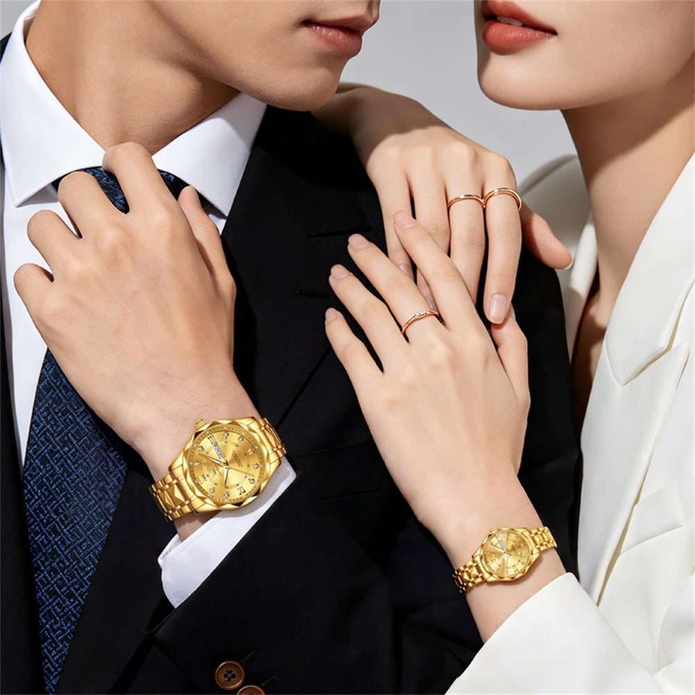 OLEVS 5609 all gold matching watches worn by a couple