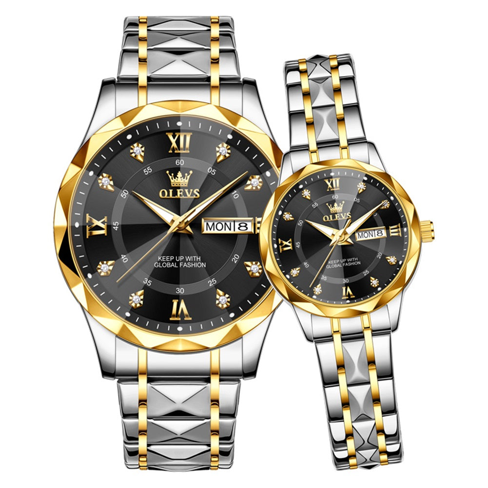 OLEVS 5609 gold silver black couple quartz watch set