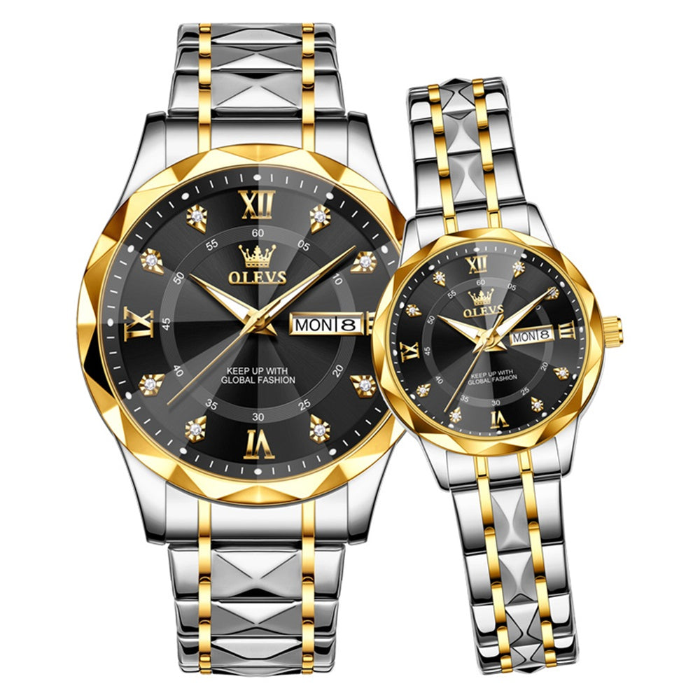 OLEVS 5609 gold silver black couple quartz watch set
