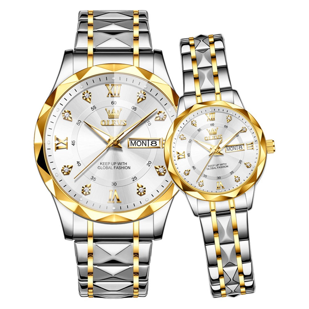 OLEVS 5609 gold silver white couple quartz watch set