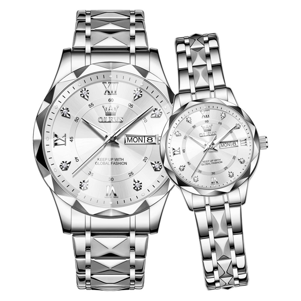 OLEVS 5609 silver white couple quartz watch set