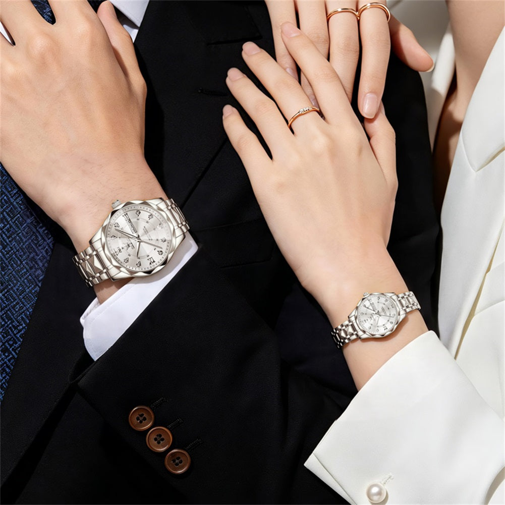 OLEVS 5609 silver white matching watches worn by a couple
