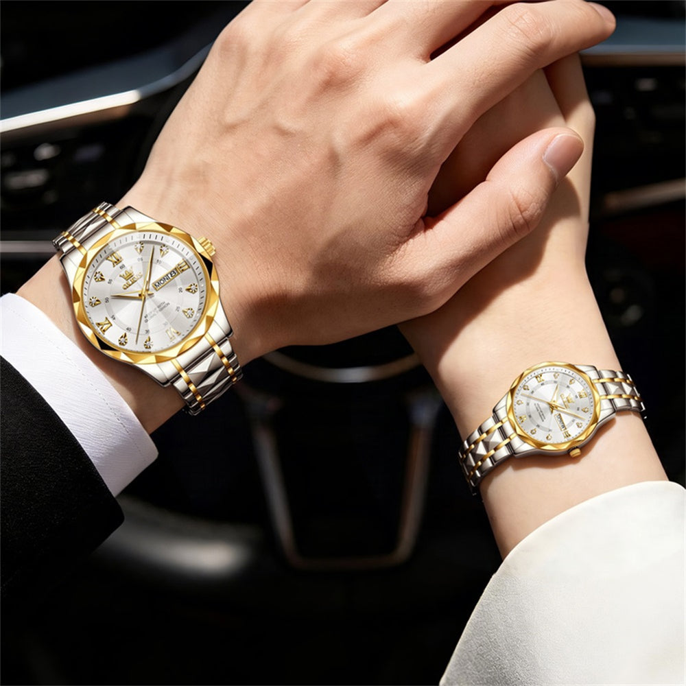 OLEVS 5609 gold silver white matching watches on wrists