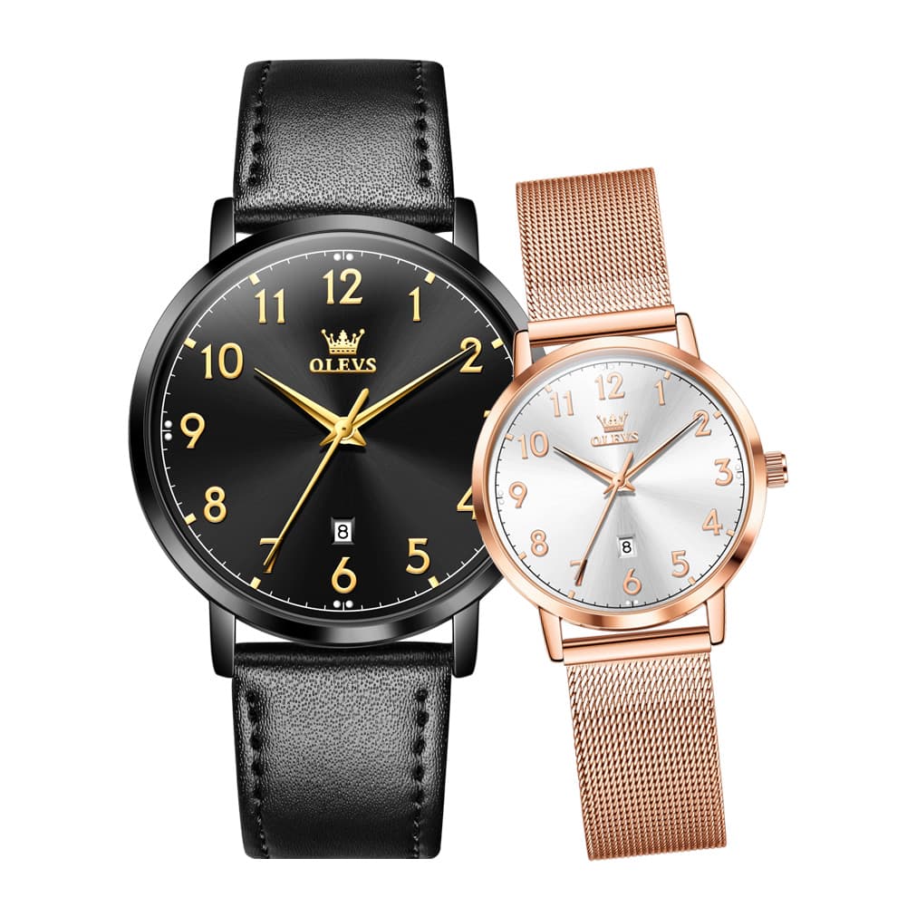 OLEVS 5653 Ultra Thin Couple Watch Milanese Mesh and Leather Strap Date Timepiece for Men and Women - Olevs Watch Store