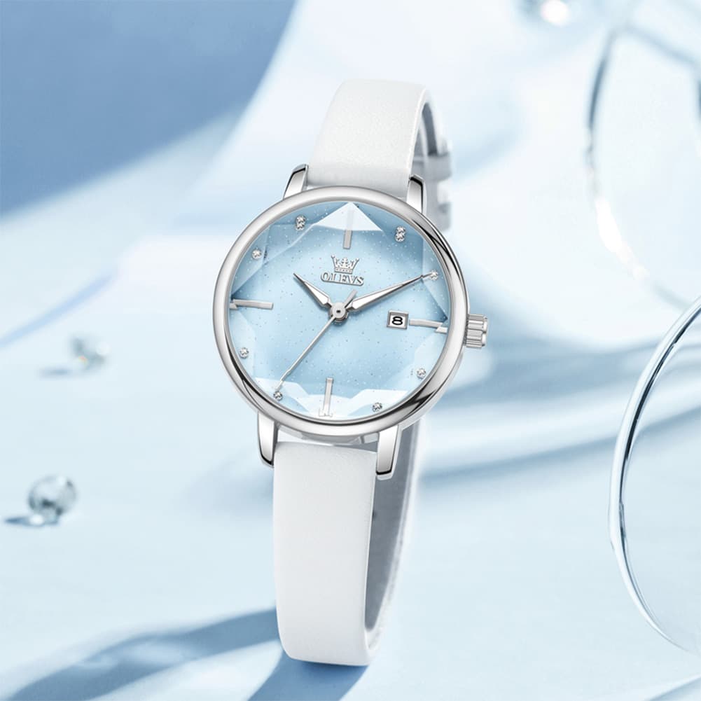 OLEVS 5656 Diamond Cut Faceted Crystal Quartz Watch Leather or Steel Bracelet Elegant Dress Timepiece for Women - Olevs Store