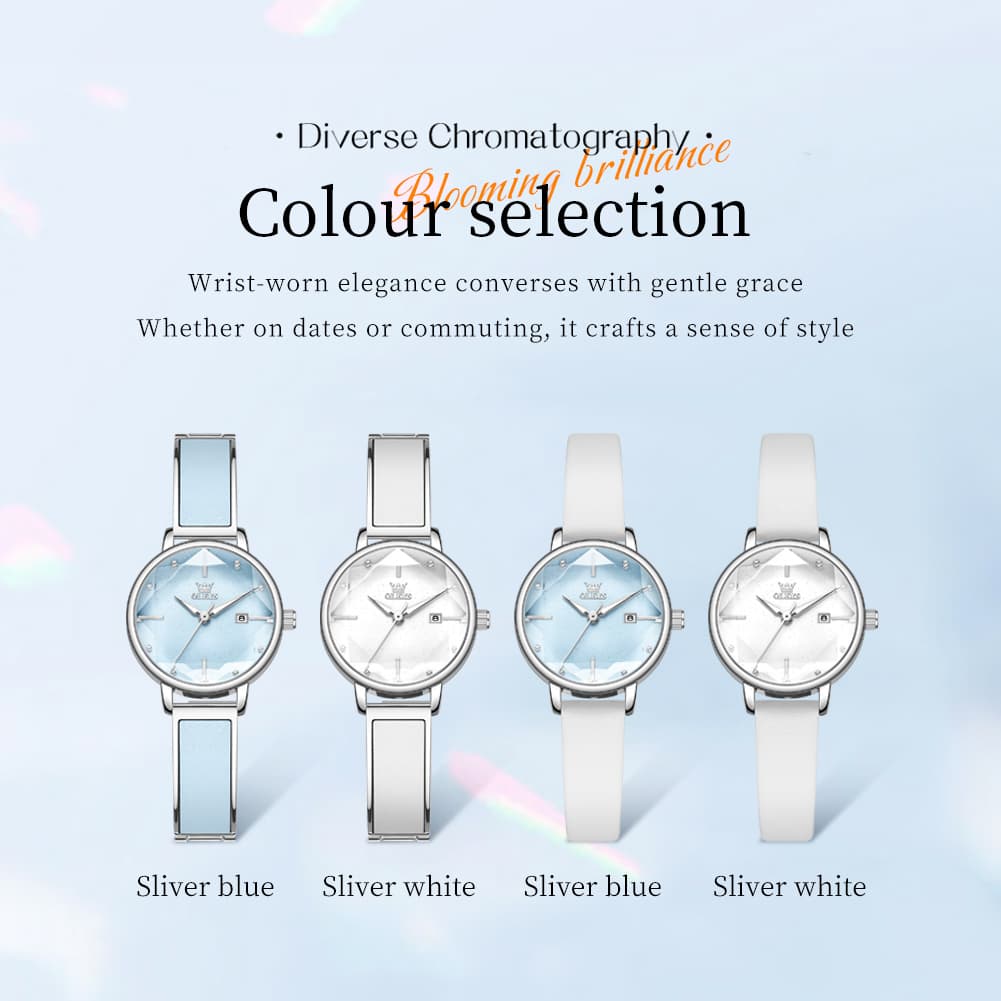OLEVS 5656 Diamond Cut Faceted Crystal Quartz Watch Leather or Steel Bracelet Elegant Dress Timepiece for Women - Olevs Store