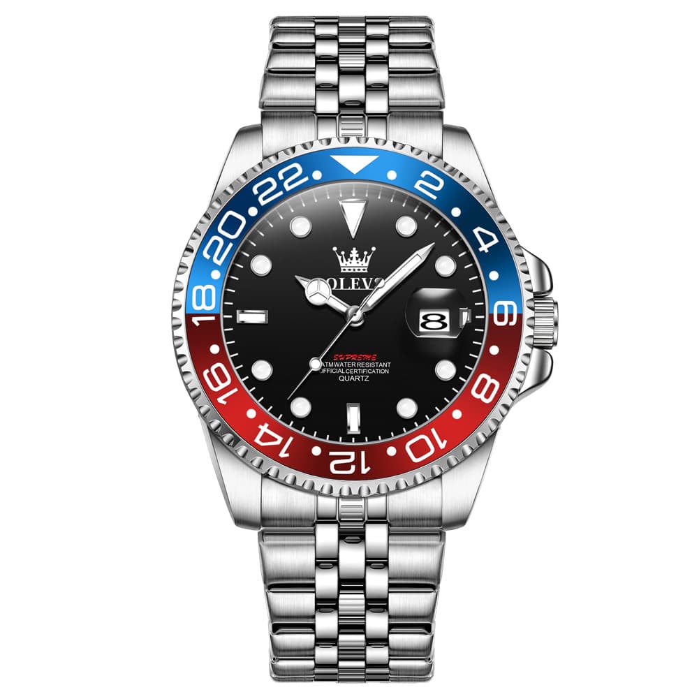 OLEVS 5657 Rotating Bezel Sports Watch Stainless Steel Jubilee Bracelet Quartz Timepiece for Men - All Black | Olevs Store