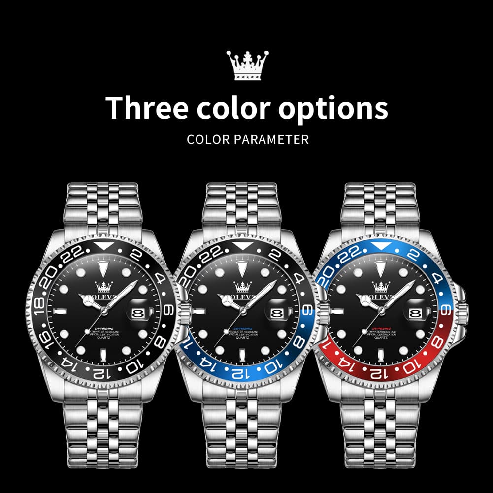 OLEVS 5657 Rotating Bezel Sports Watch Stainless Steel Jubilee Bracelet Quartz Timepiece for Men - All Black | Olevs Store