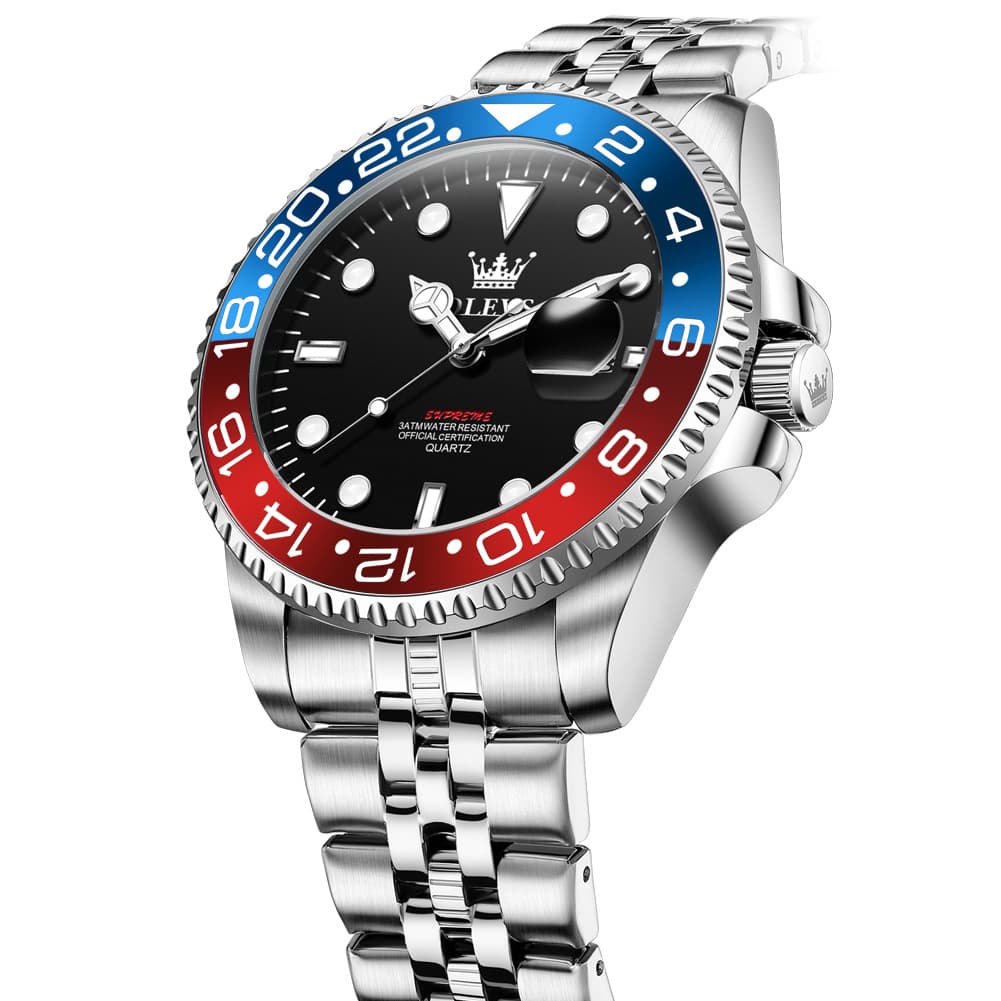 OLEVS 5657 Rotating Bezel Sports Watch Stainless Steel Jubilee Bracelet Quartz Timepiece for Men - All Black | Olevs Store