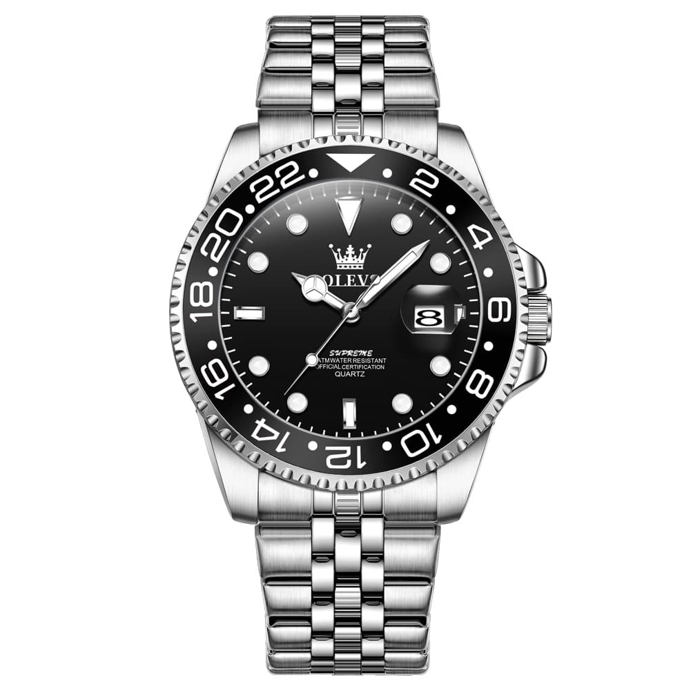 OLEVS 5657 Rotating Bezel Sports Watch Stainless Steel Jubilee Bracelet Quartz Timepiece for Men - All Black | Olevs Store