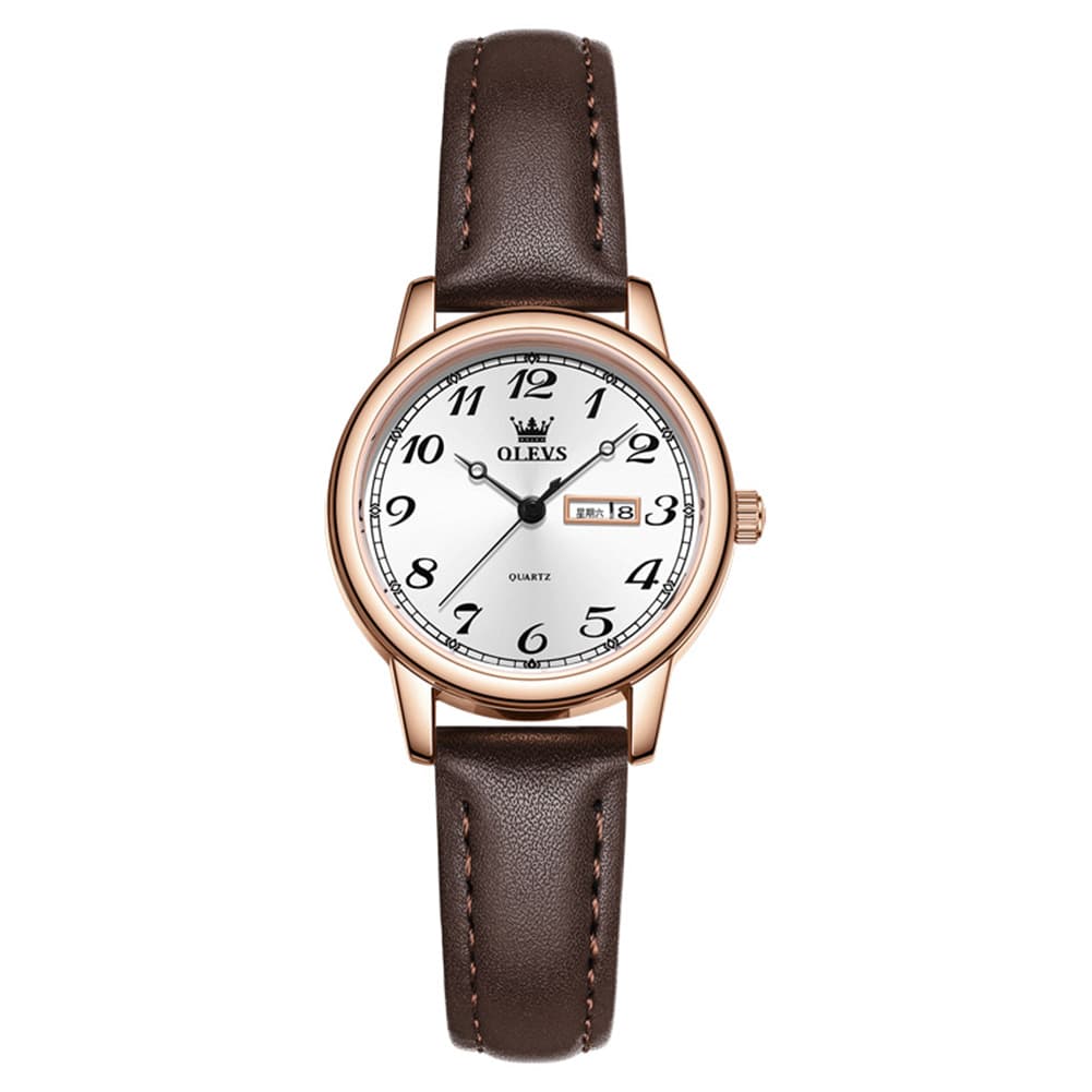 OLEVS 5662 Petite Vintage Quartz Watch Day Date Leather Strap Elegant Dress Timepiece for Women - Olevs Watch Store