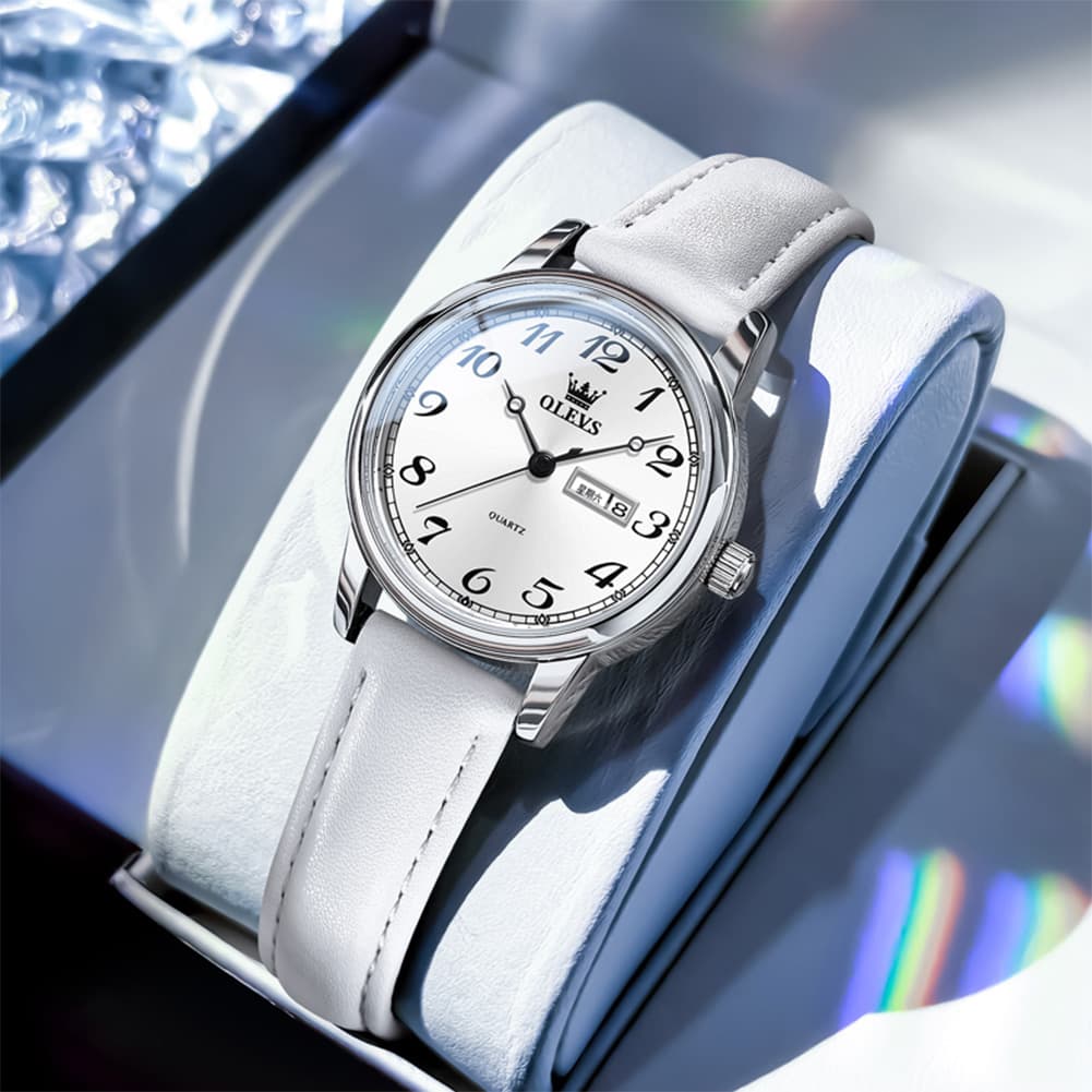 OLEVS 5662 Petite Vintage Quartz Watch Day Date Leather Strap Elegant Dress Timepiece for Women - Olevs Watch Store