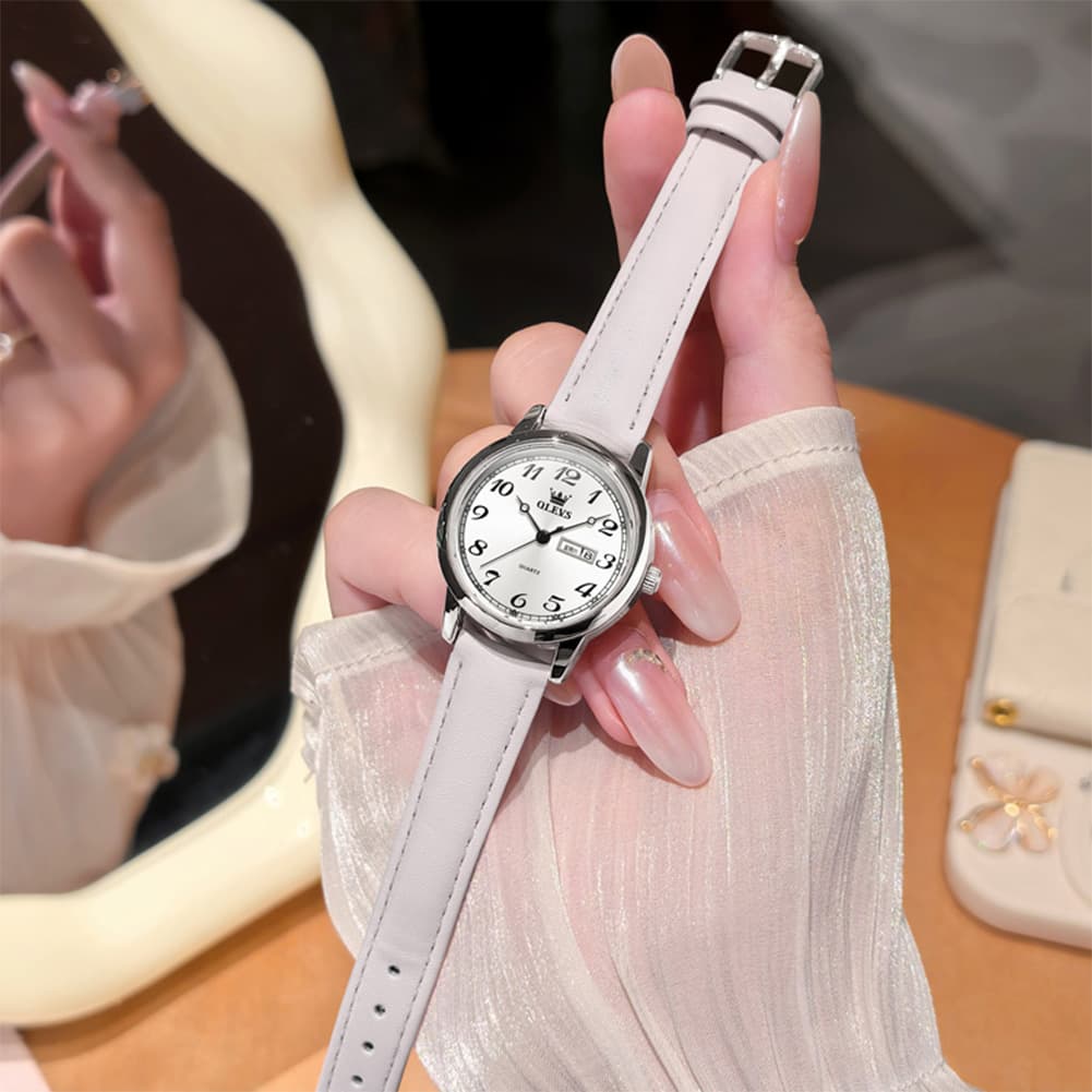 OLEVS 5662 Petite Vintage Quartz Watch Day Date Leather Strap Elegant Dress Timepiece for Women - Olevs Watch Store