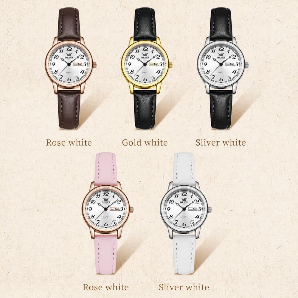 OLEVS 5662 Petite Vintage Quartz Watch Day Date Leather Strap Elegant Dress Timepiece for Women - Olevs Watch Store