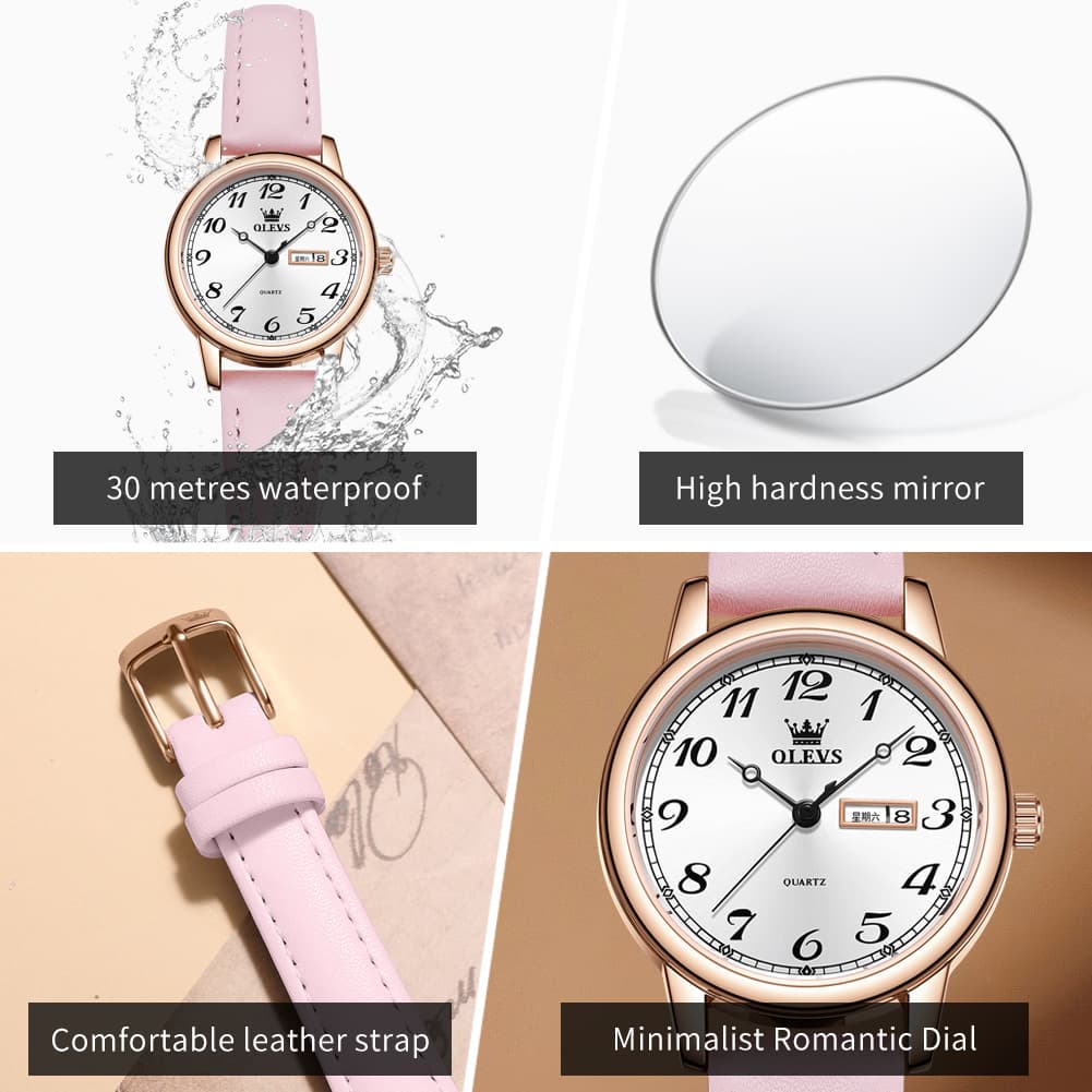 OLEVS 5662 Petite Vintage Quartz Watch Day Date Leather Strap Elegant Dress Timepiece for Women - Olevs Watch Store
