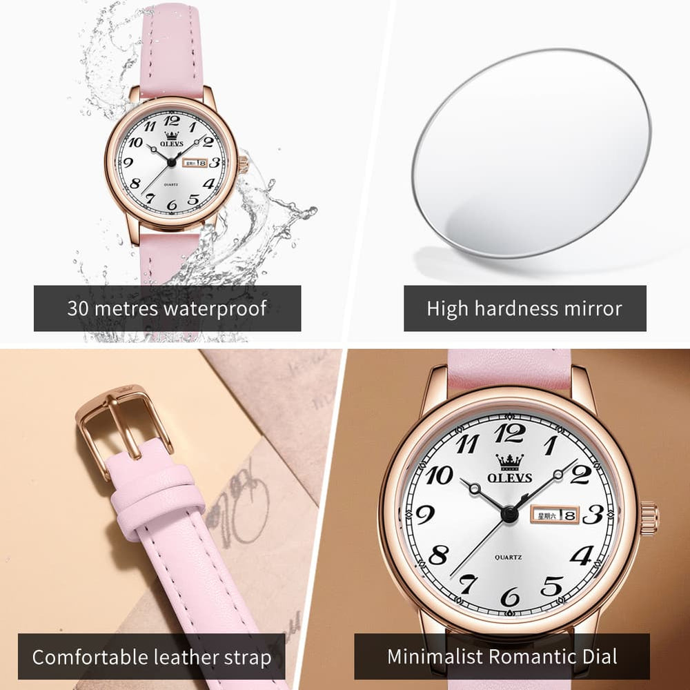 OLEVS 5662 Petite Vintage Quartz Watch Day Date Leather Strap Elegant Dress Timepiece for Women - Olevs Watch Store