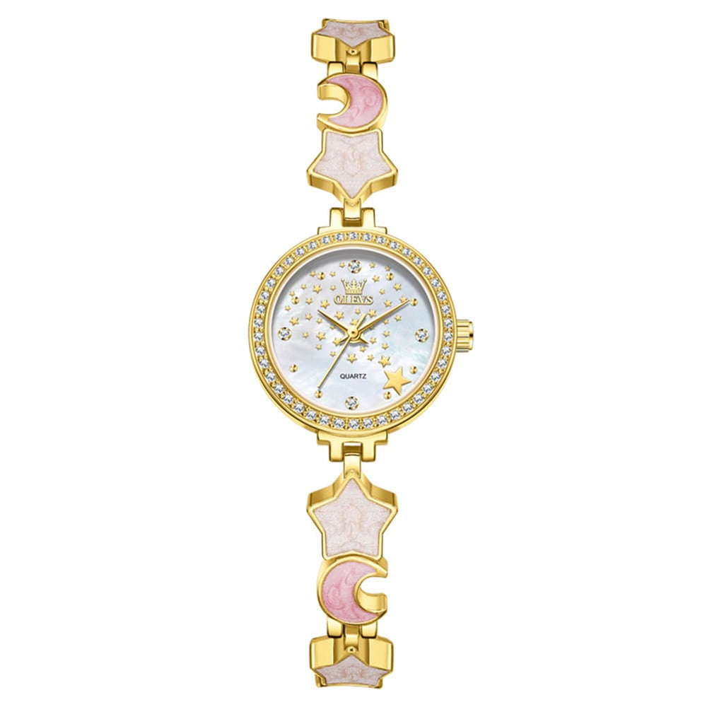 OLEVS 5665 Star Moon Bracelet Watch Mother of Pearl Starry Dial Quartz Jewelry Timepiece for Women - Olevs Watch Store