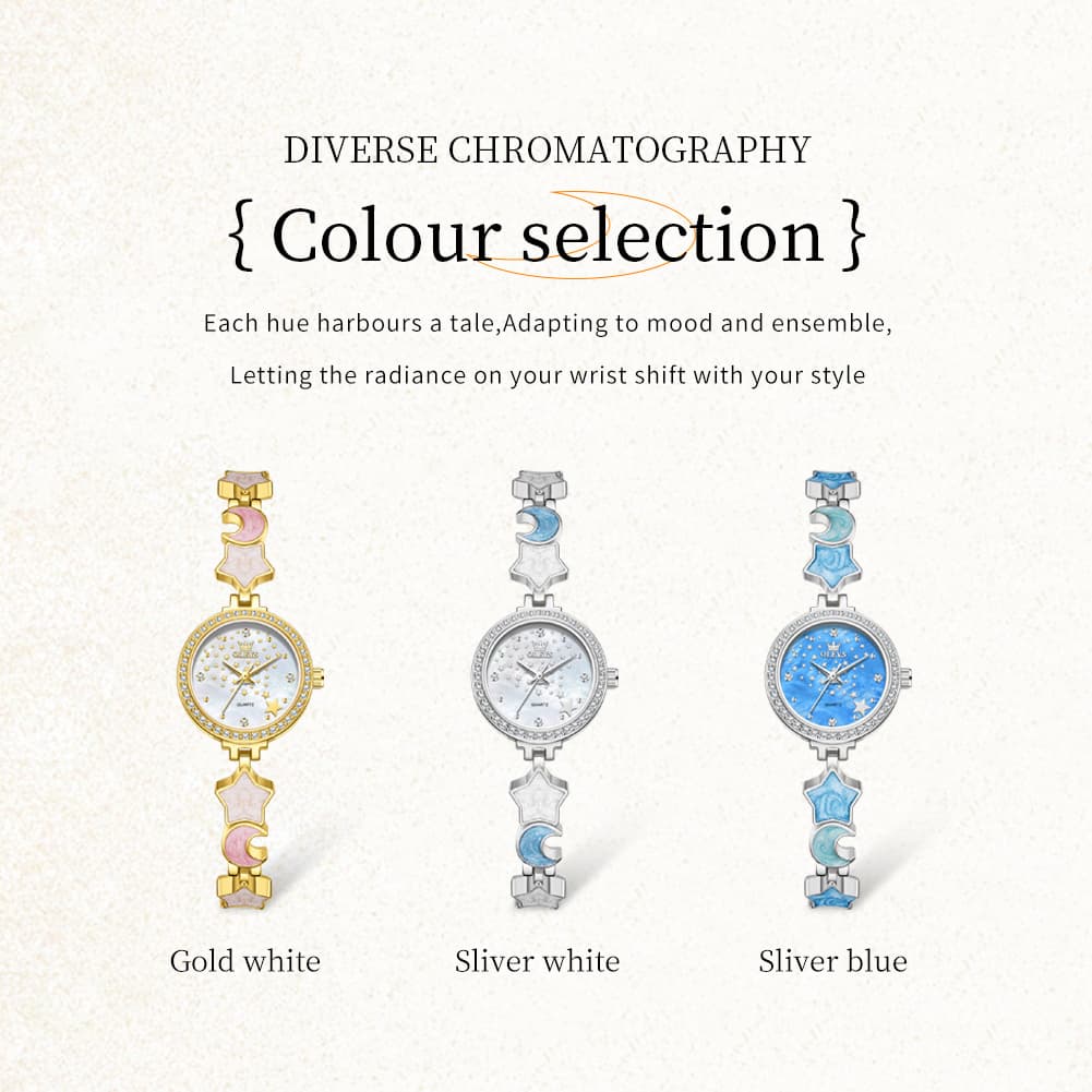 OLEVS 5665 Star Moon Bracelet Watch Mother of Pearl Starry Dial Quartz Jewelry Timepiece for Women - Olevs Watch Store