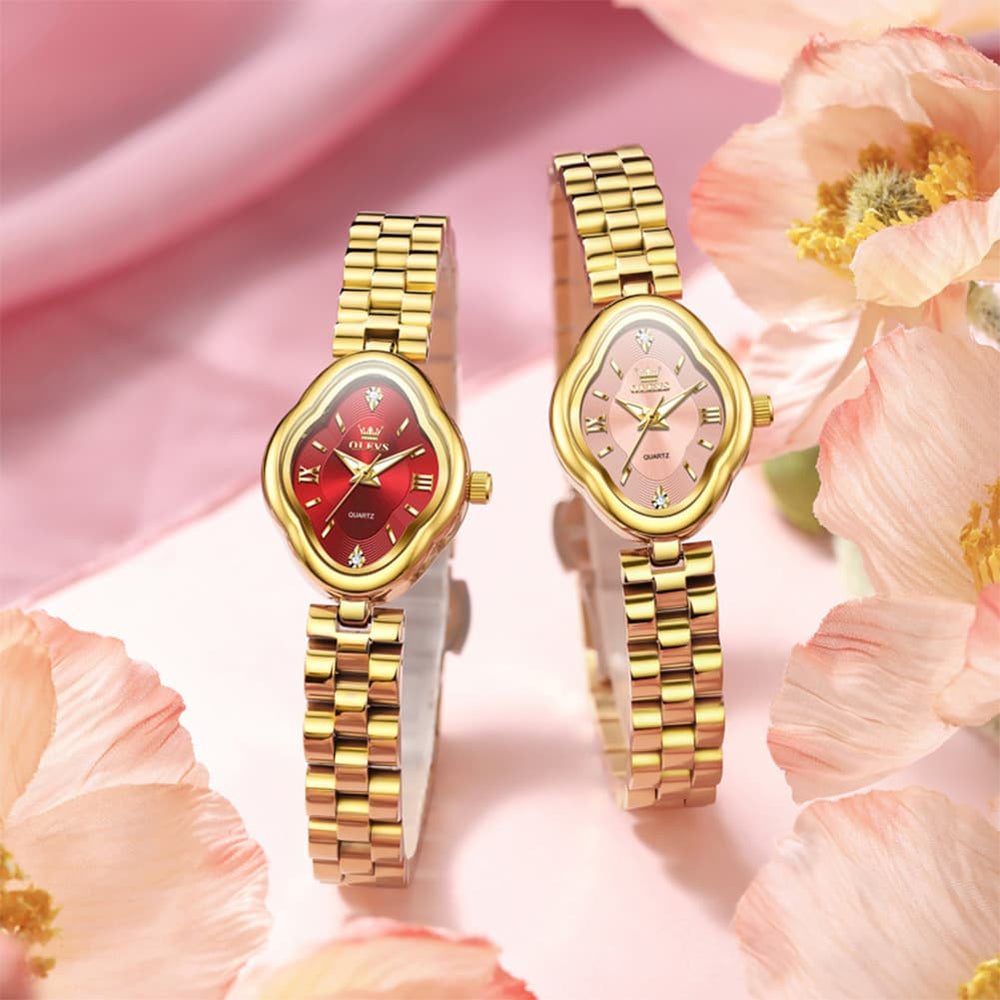 OLEVS 5666 Petal Case Vintage Dress Watch Gold Bracelet Quartz Jewelry Timepiece for Women - Gold Black | Olevs Watch Store