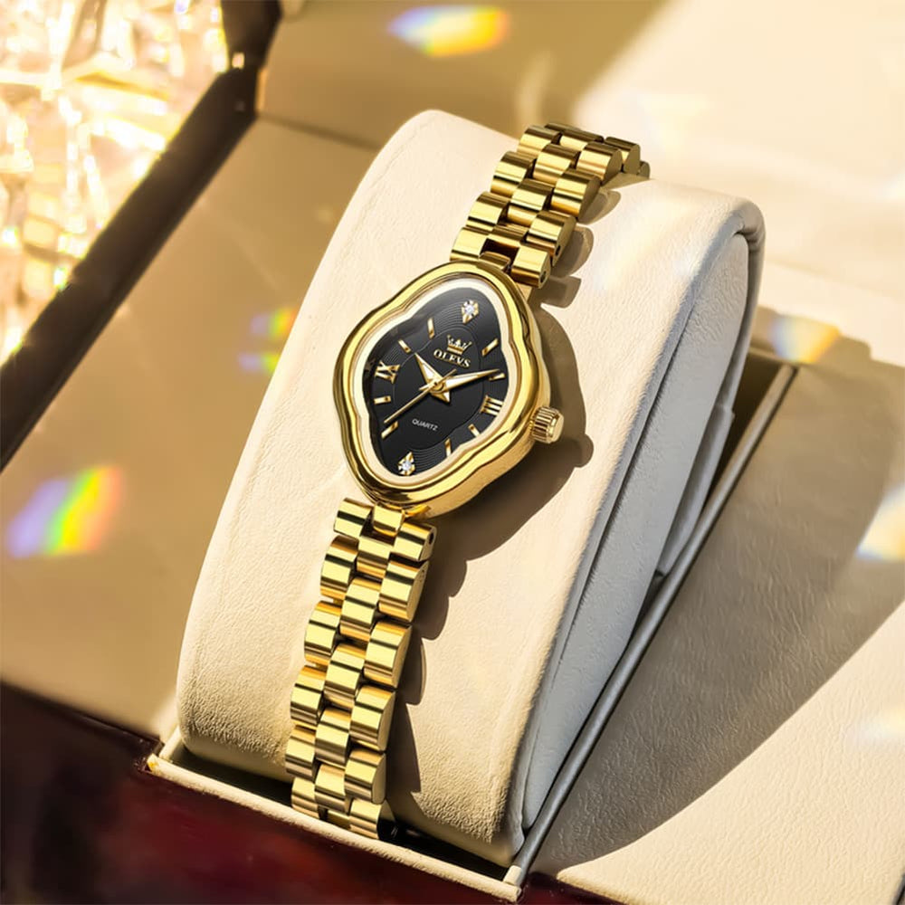 OLEVS 5666 Petal Case Vintage Dress Watch Gold Bracelet Quartz Jewelry Timepiece for Women - Gold Black | Olevs Watch Store